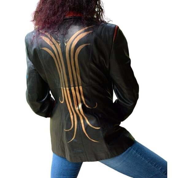 Vintage black leather blazer style jacket, hand painted bronze art deco sz M